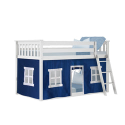 White wooden loft bed with blue tent curtains and ladder for kids.