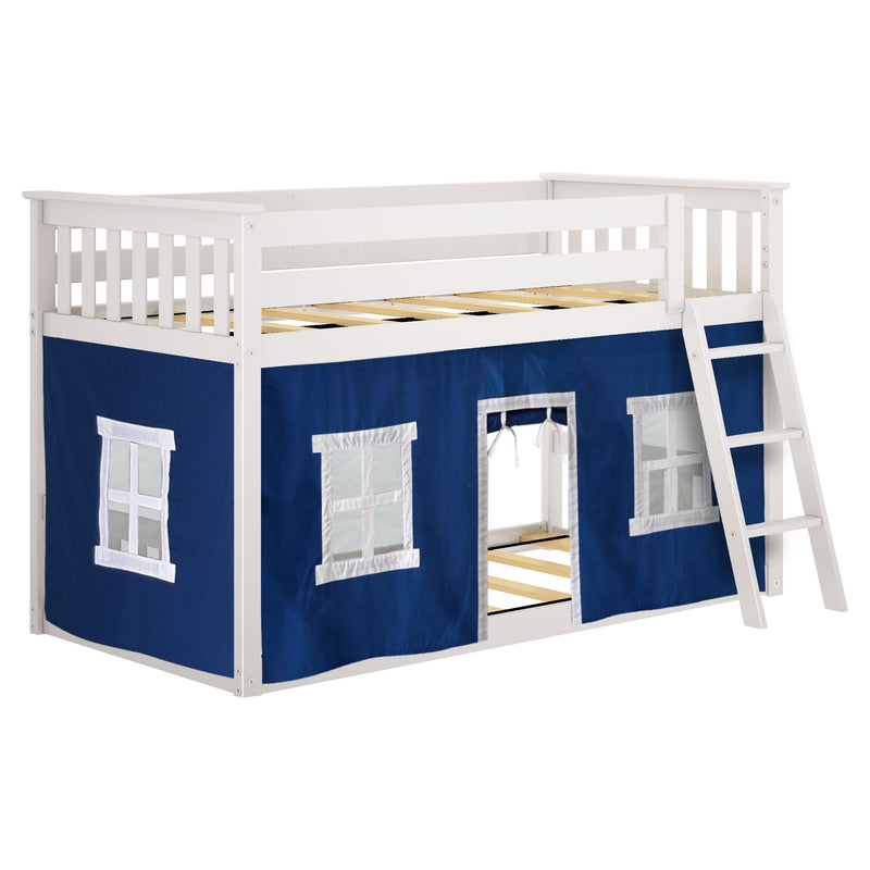 White wooden loft bed with ladder and navy blue playhouse tent curtain, twin kids loft bed with slatted mattress support