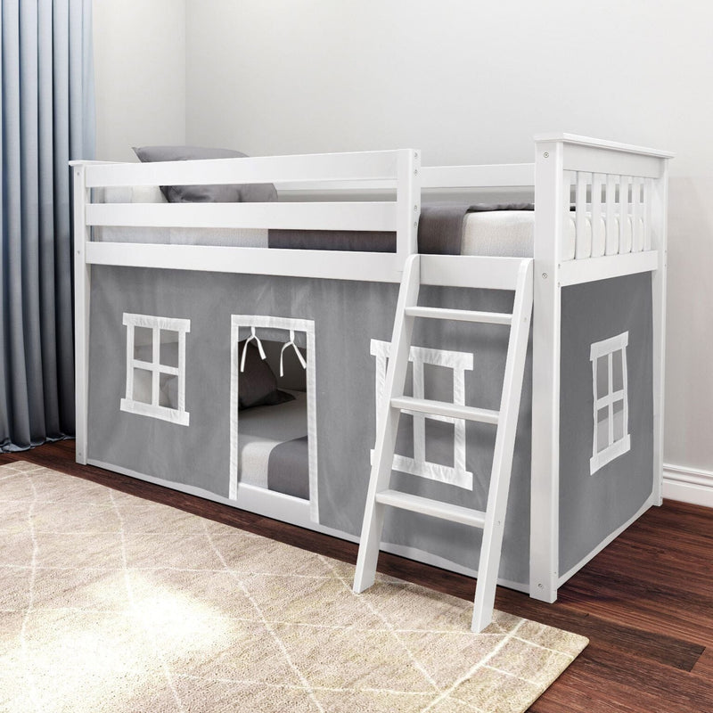 White wooden loft bed with ladder and gray playhouse-style under-bed curtain featuring window panels, modern kids' bedroom furniture