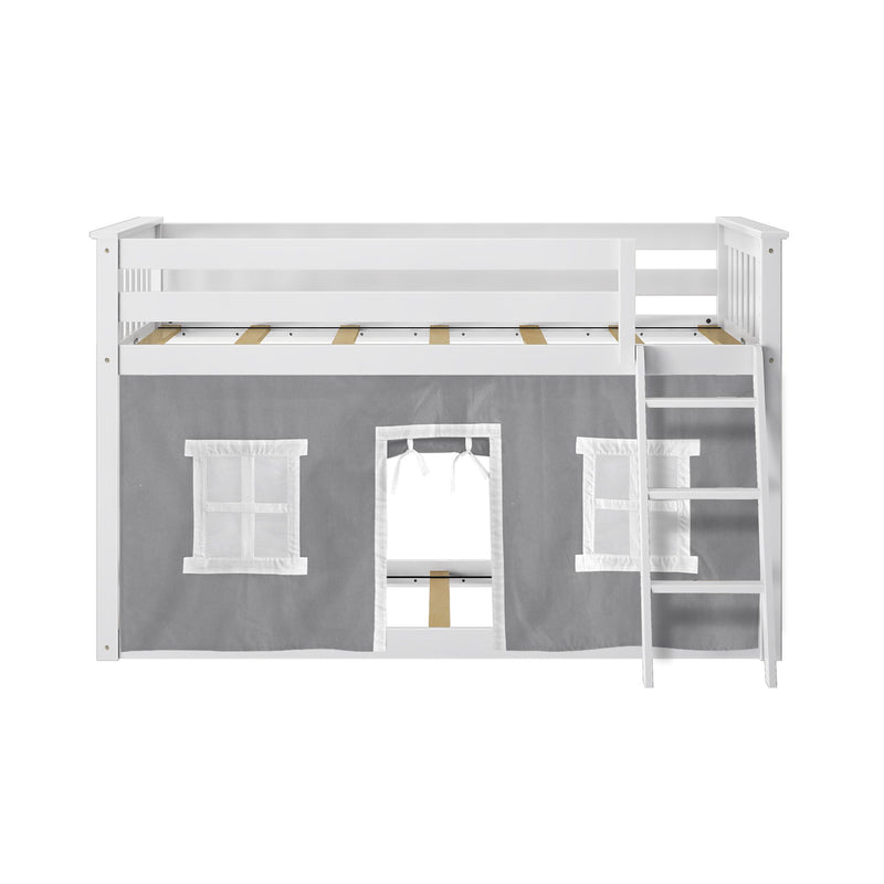 White wooden loft bed with safety rails and ladder above grey fabric playhouse tent with window cutouts — children's loft bunk bed for kids' bedroom