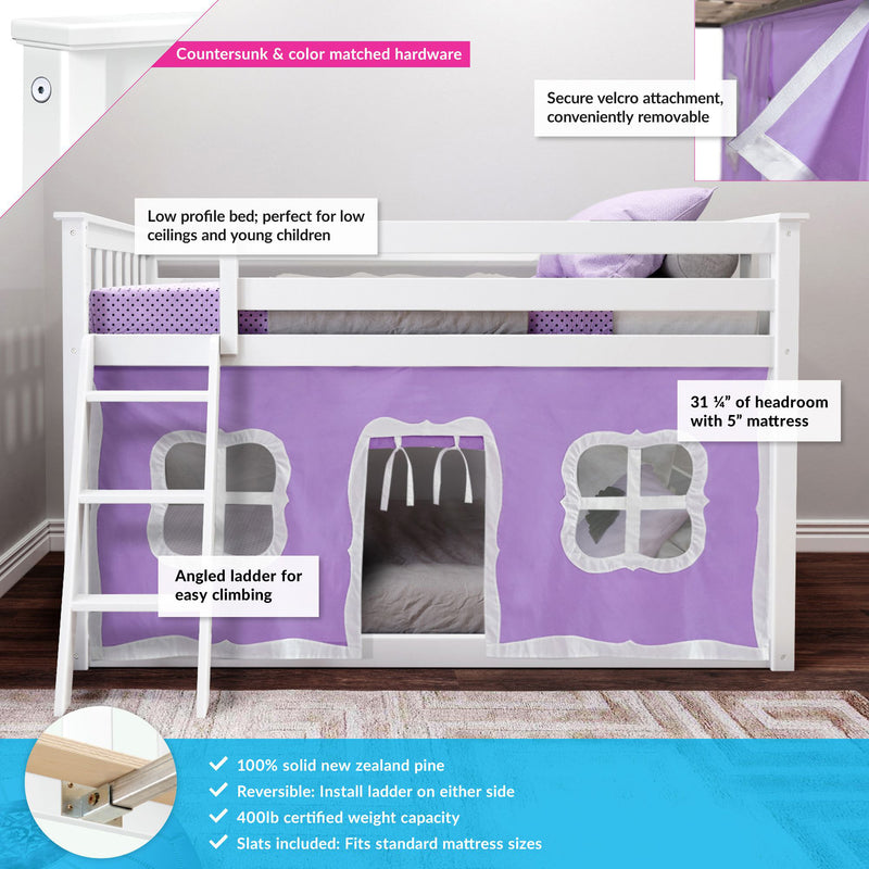 White low-profile kids loft bed with angled ladder, safety rails and purple play-tent curtain, removable velcro attachments, solid pine construction