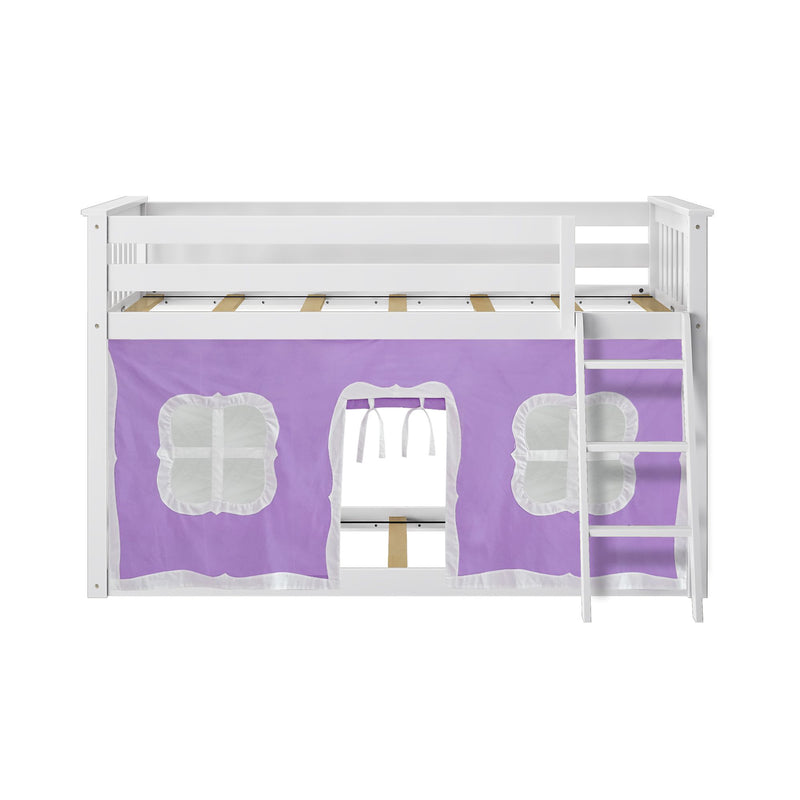 White wooden children's loft bed with ladder, guardrail and purple playhouse curtain panels