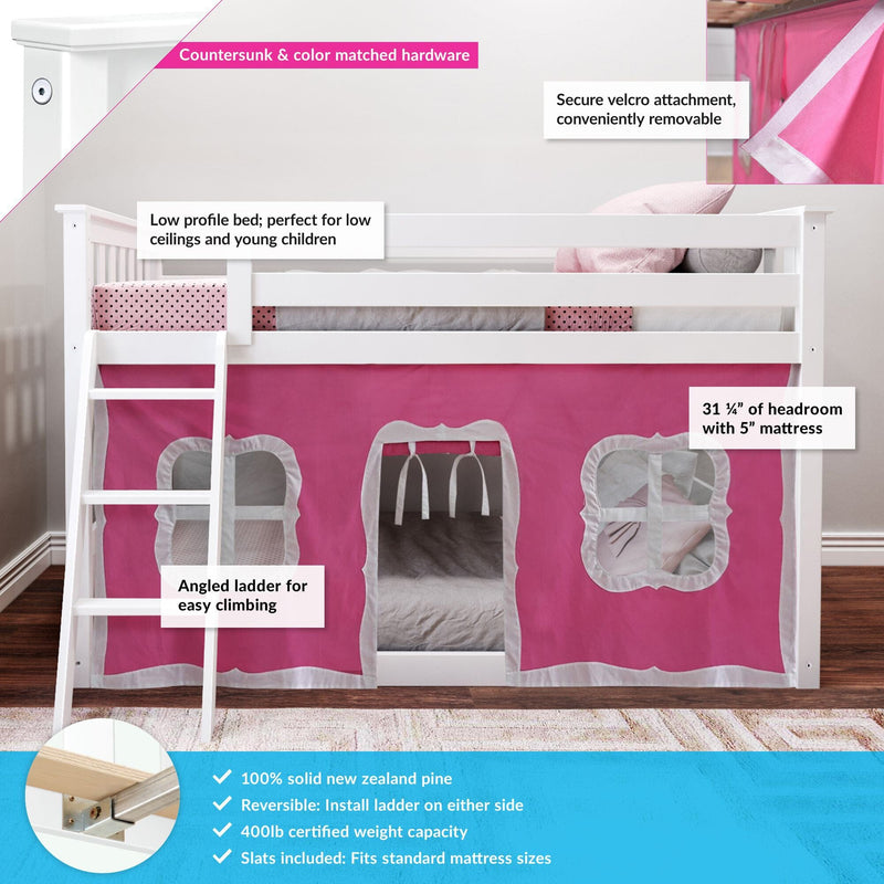 White children's loft bed with pink tent, removable velcro, angled ladder, solid New Zealand pine, 400lb capacity, ideal for low ceilings and young kids.