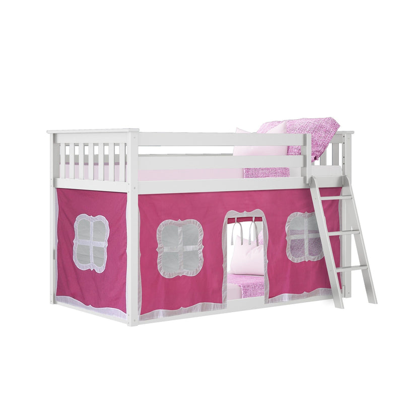 White wooden loft bed with pink curtain, ladder, and playful design for children's room.
