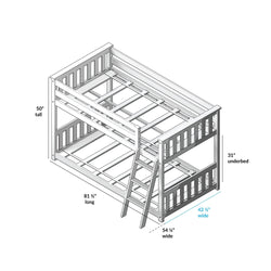 Illustrated guide of bunk bed dimensions with height, length, width, ladder, and underbed measurements.