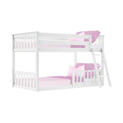 White wooden bunk bed with pink bedding and ladder, ideal for kids' bedroom furniture.