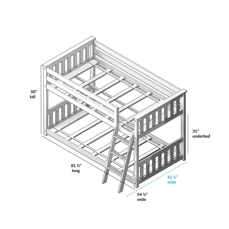 Assembly diagram of a wooden twin-over-full bunk bed frame with ladder, guardrails and slatted mattress supports, annotated dimensions 81½″ long × 54¼″ wide × 50″ tall