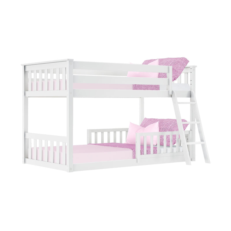 White wooden twin-over-twin bunk bed with ladder and pink sheets and pillows, modern kids bedroom furniture