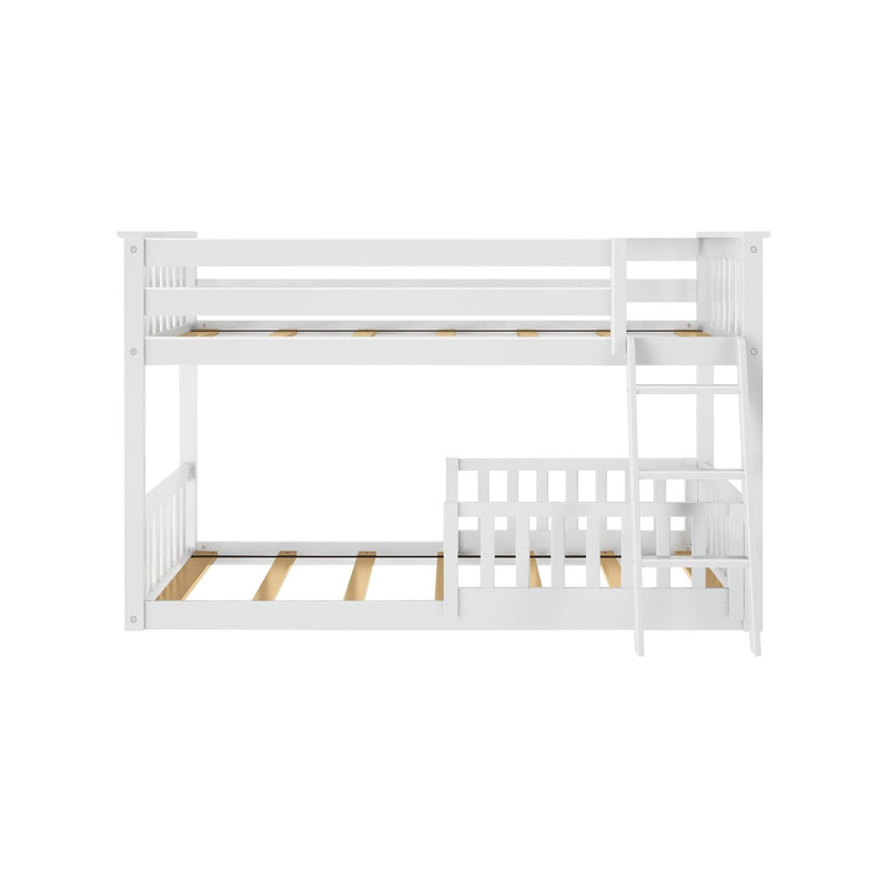 White wooden twin-over-twin bunk bed with ladder and safety rails for kids' bedroom