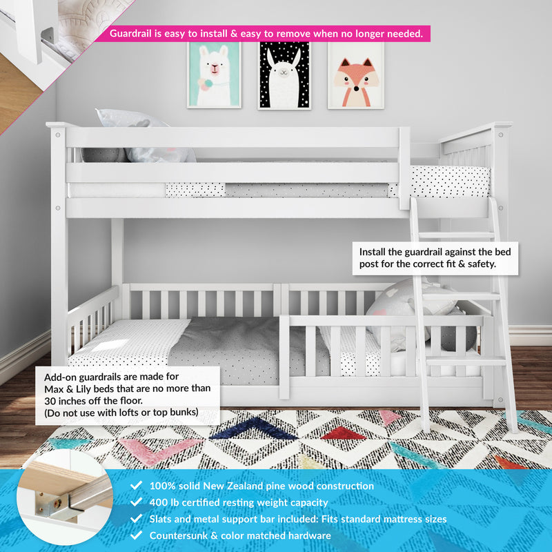 White wooden bunk bed with removable add-on safety guardrail and ladder in kids' bedroom with animal wall art and polka dot bedding