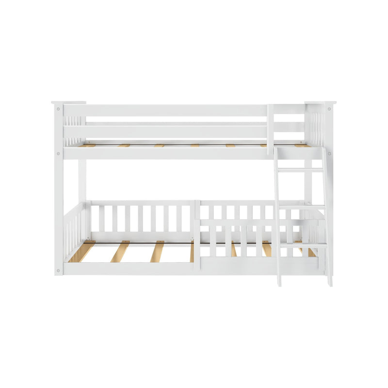White wooden bunk bed with ladder and guardrails, slatted mattress supports, modern kids' loft bed