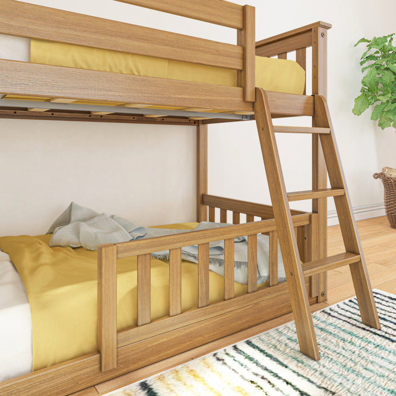 Natural wooden bunk bed with ladder and yellow bedding in a bright kids' bedroom — modern loft-style twin-over-twin design