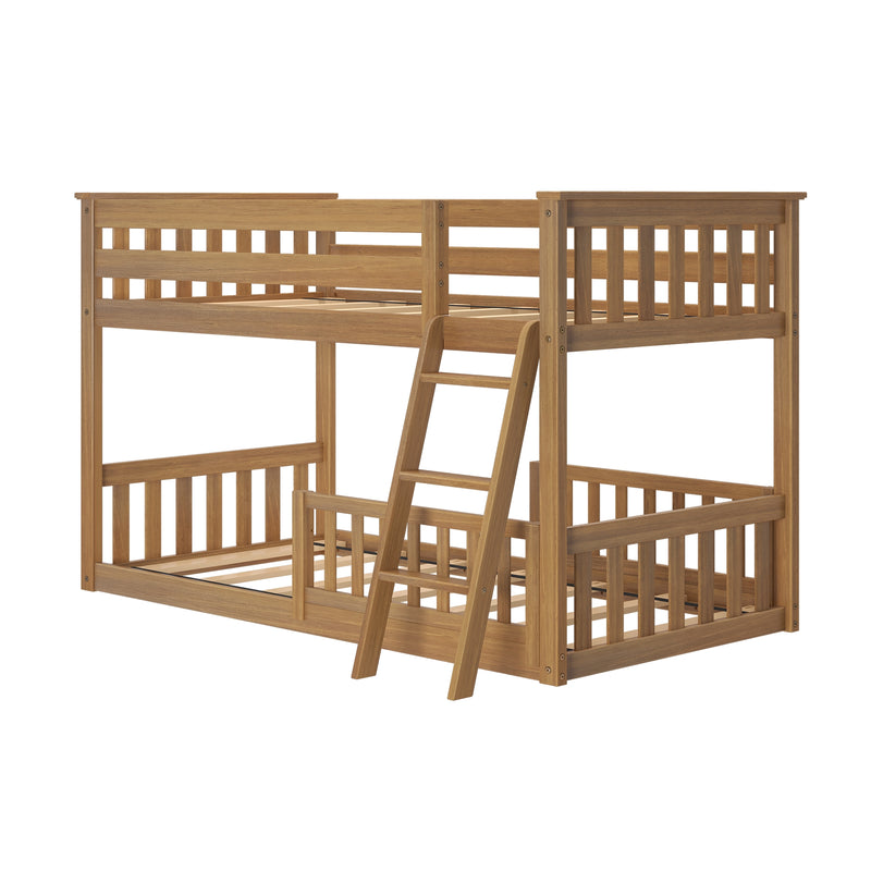 Natural oak loft-style wooden bunk bed with ladder and slatted guardrails, twin-over-full platform frame for kids' bedroom