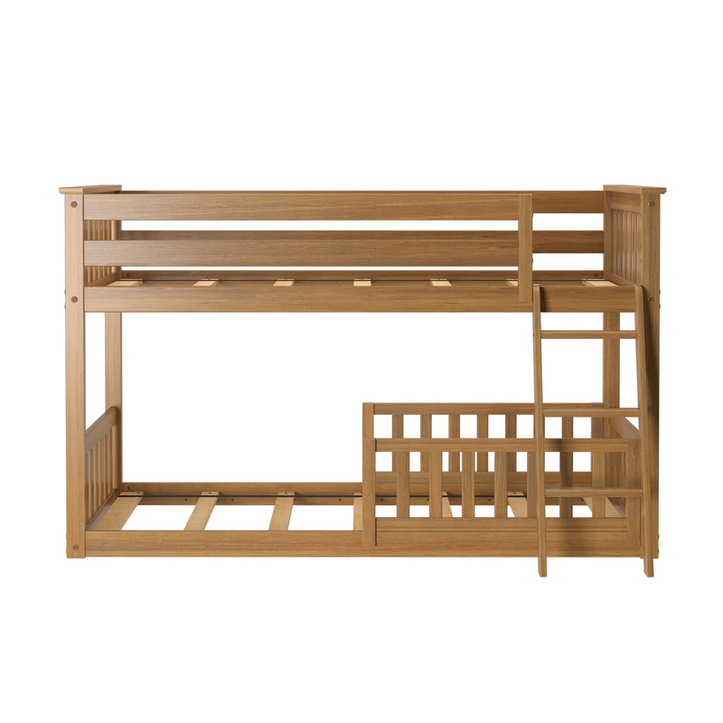 Solid oak twin-over-twin bunk bed frame with ladder and slatted guardrails, natural wood finish for children's bedroom