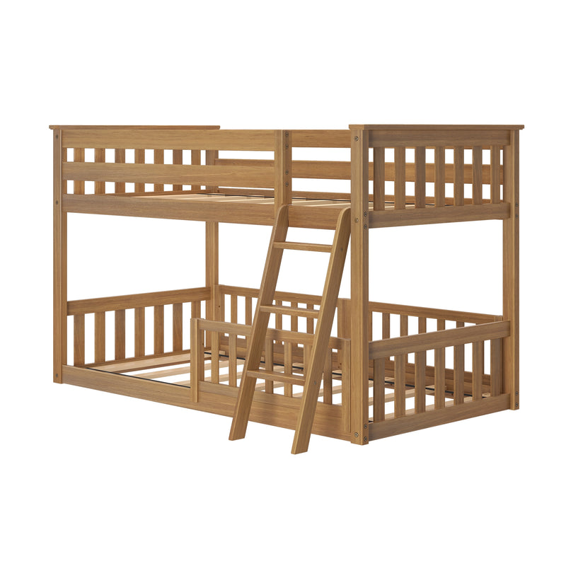 Solid wood natural oak bunk bed with ladder and slatted guardrails, loft-style kids bed