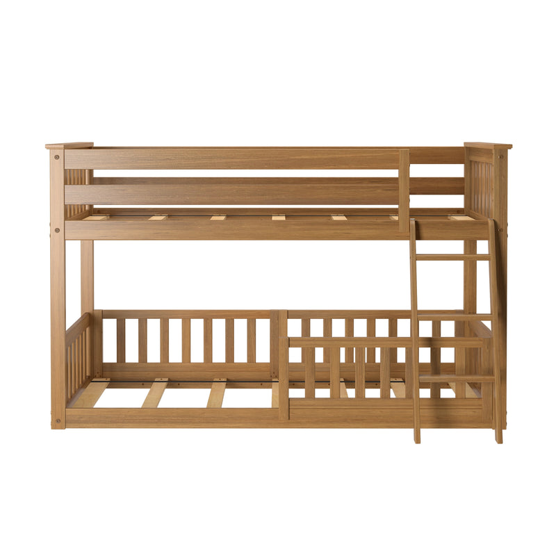 Twin-over-twin natural oak wooden bunk bed frame with ladder and slatted guardrails, solid wood space-saving kids bedroom furniture