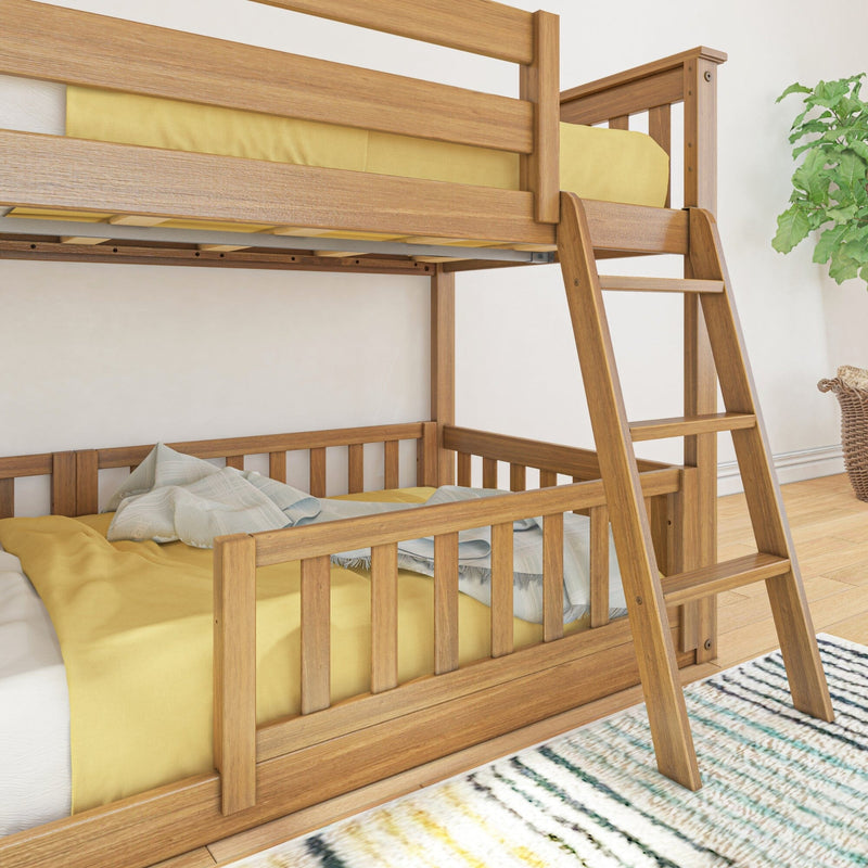 Solid wood bunk bed with ladder and yellow bedding in a bright modern kids' bedroom with rug and plant