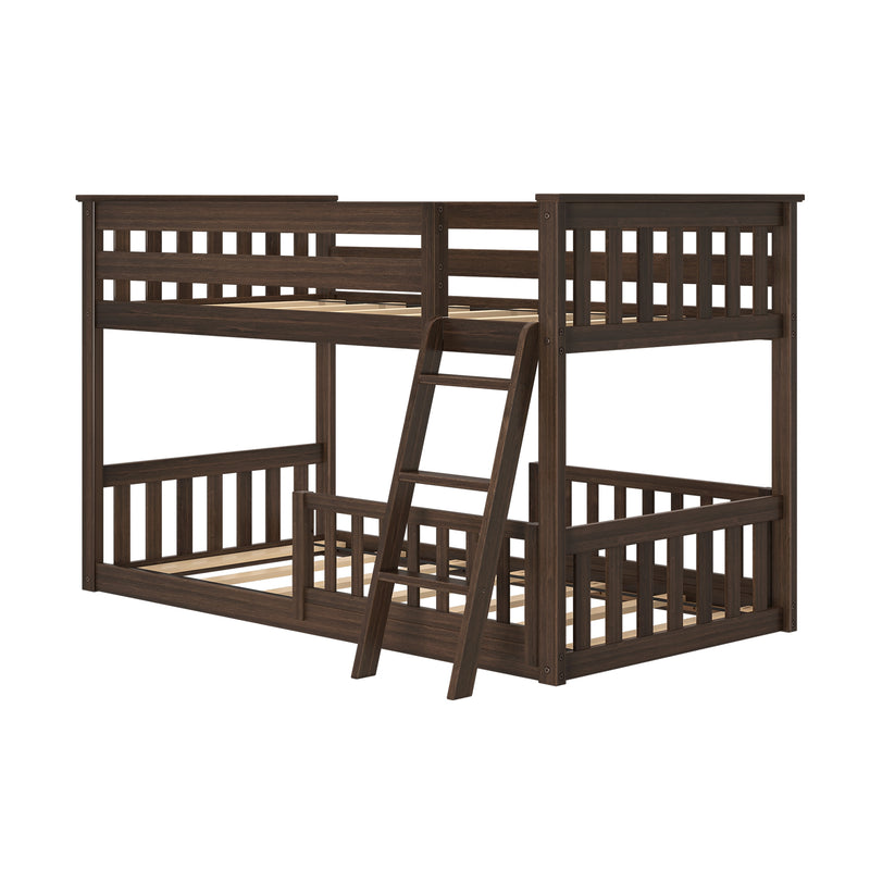 Dark walnut solid wood loft bunk bed with angled ladder and slatted guardrails, space-saving kids' bedroom furniture