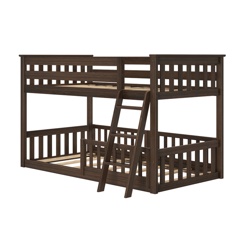 Dark walnut wooden loft bunk bed with ladder, vertical slatted guardrails and sturdy slat support in a modern farmhouse bedroom style