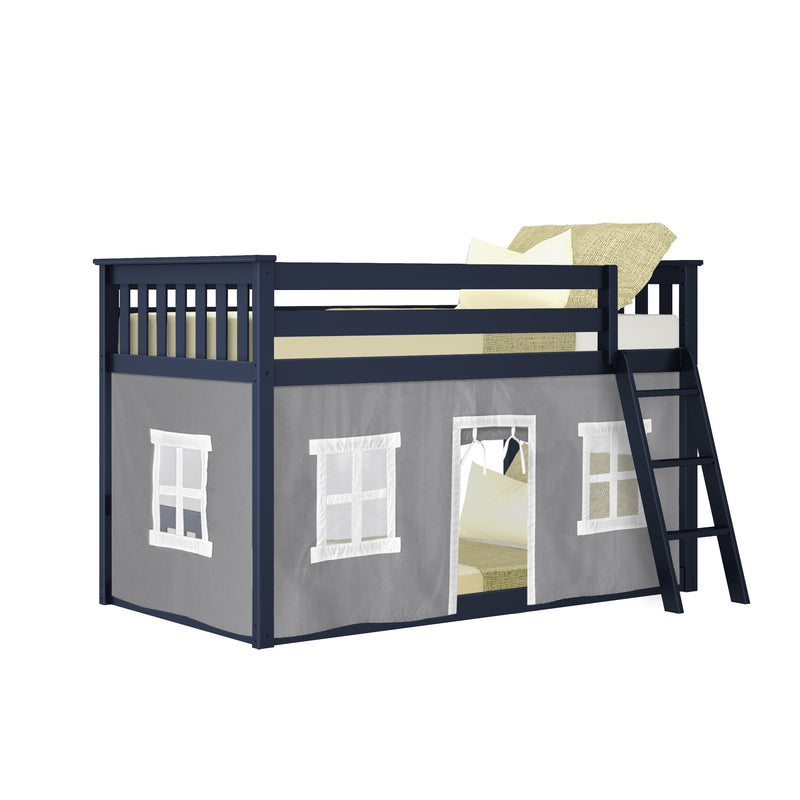 Navy blue wooden loft bed with ladder and gray playhouse tent panels, twin kids loft bed with cream pillows for small bedrooms