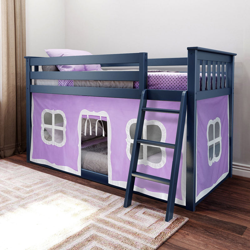 Navy wooden kids loft bed with ladder and purple playhouse tent panels, polka-dot bedding and pillows in children's room