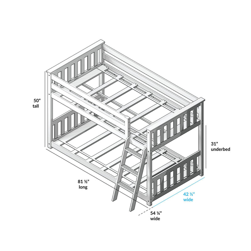 3D diagram of wooden twin-over-full bunk bed frame with ladder and slatted guardrails, labeled dimensions 81½″ long, 54¼″ wide, 50″ tall