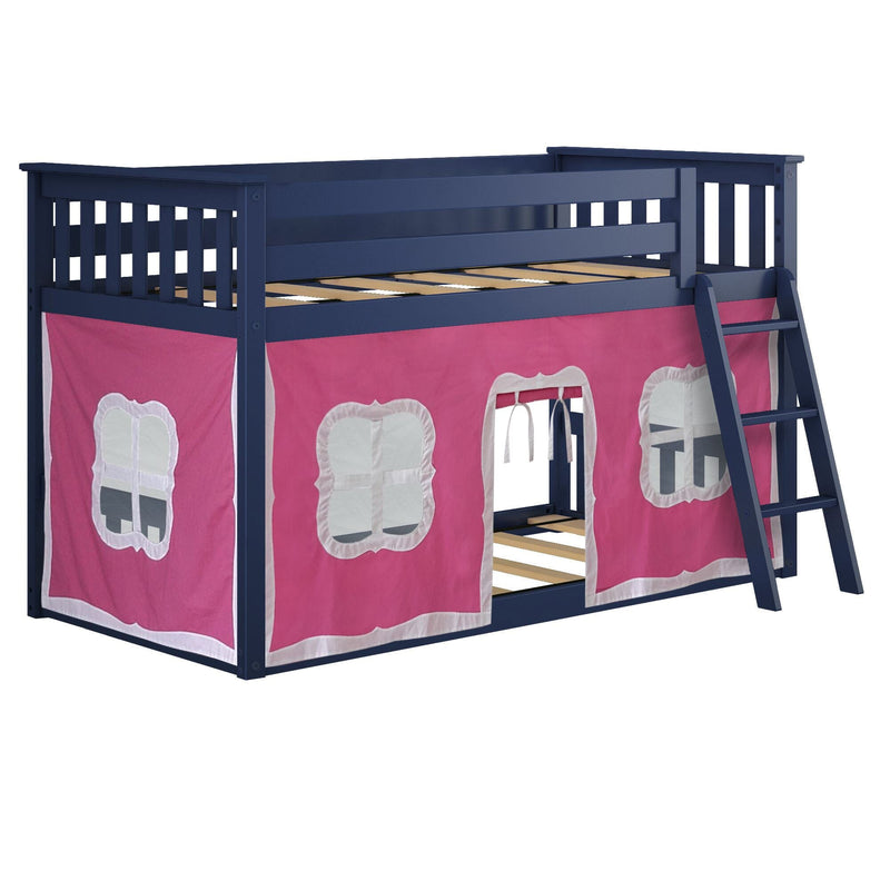 Navy blue wooden children's loft bed with pink playhouse tent panels, fabric windows and doorway, side ladder and under-bed play area