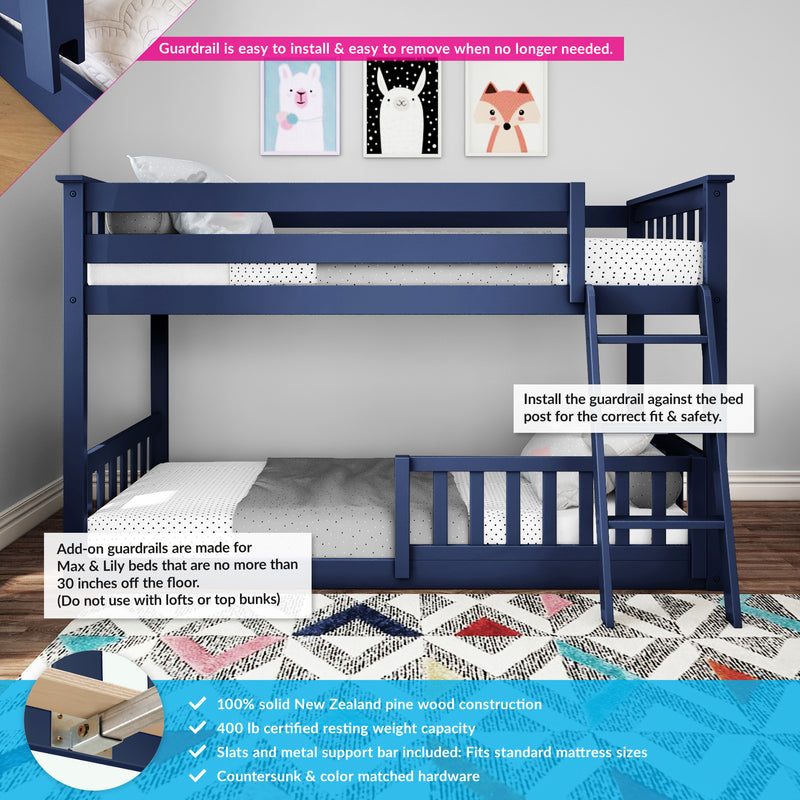 Navy blue wooden twin bunk bed with installed safety guardrail and ladder in a child's bedroom, polka-dot mattress and animal wall art