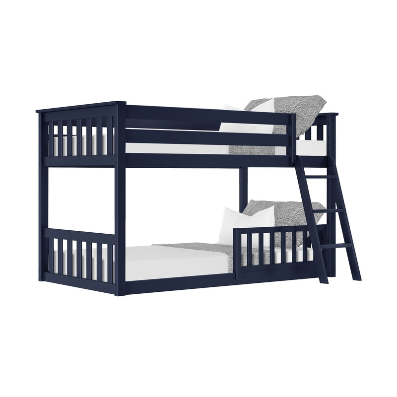 Navy blue wooden twin-over-twin bunk bed with ladder, guardrails, white mattresses and gray textured bedding on white background