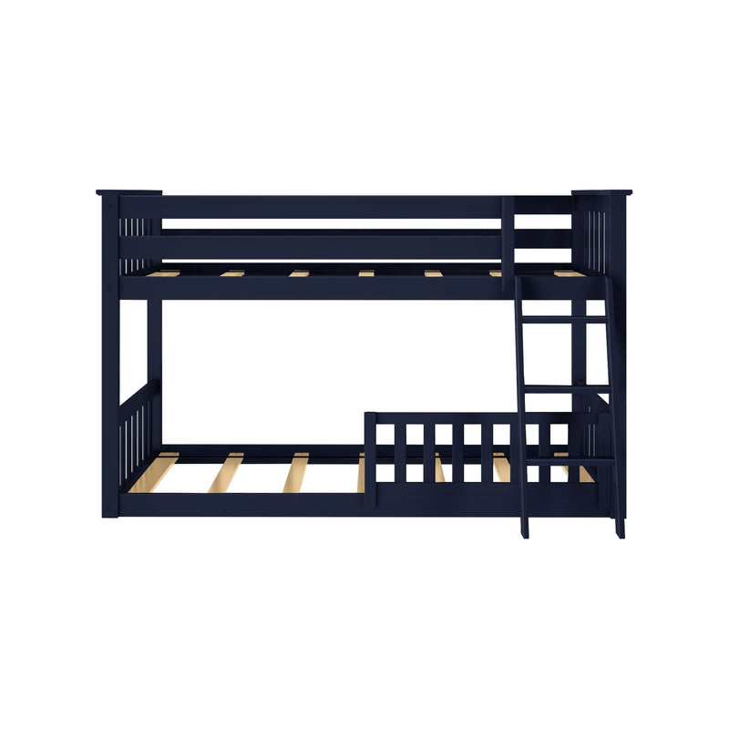 Navy blue wooden bunk bed with ladder, top safety rails and exposed slatted mattress platforms — modern kids' bedroom loft bed