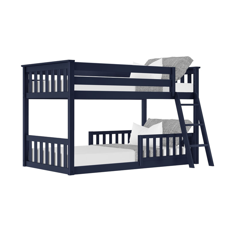 Navy blue wooden twin-over-full bunk bed with ladder, white bedding and gray throw, modern kids' bedroom furniture