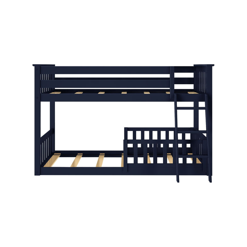 Navy blue wooden bunk bed frame with ladder, guardrails and exposed wooden slats — modern kids' loft bed for small bedrooms