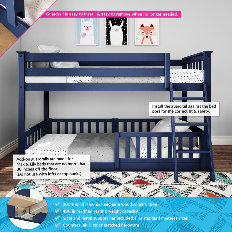 Navy blue solid wood bunk bed with removable guardrail and ladder, toddler safety rail, polka-dot mattress and children's framed wall art