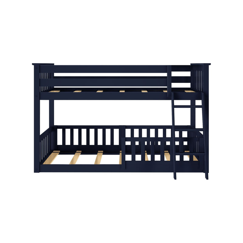 Navy blue wooden bunk bed frame with ladder, top guardrail and slatted mattress supports for kids' bedroom furniture