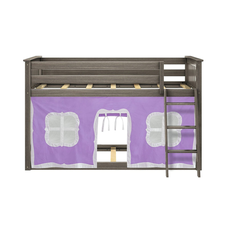 Gray wood twin loft bed with ladder and purple playhouse tent curtain with white window accents, kids' space-saving elevated bed and under-bed play area