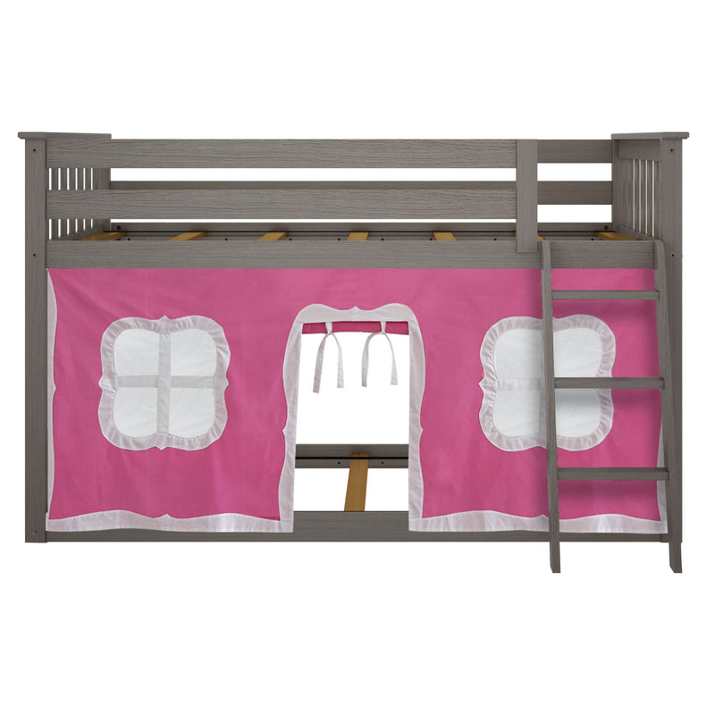 Grey wooden kids loft bed with pink play-tent canopy, white window cutouts and side ladder