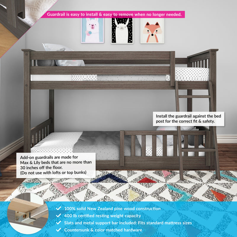 Dark gray solid New Zealand pine loft bunk bed with removable safety guardrail and ladder, kids' polka-dot bedding and colorful geometric rug
