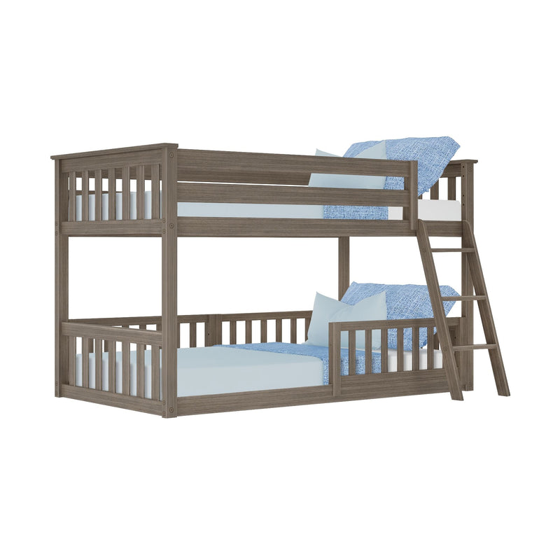 Gray oak twin-over-full wooden bunk bed with ladder, slatted guardrails and blue bedding, space-saving children's bedroom furniture