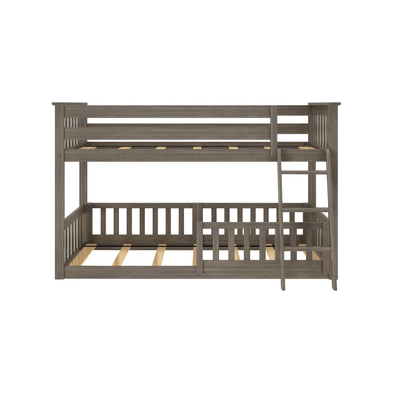 Gray wood twin-over-full bunk bed frame with ladder and slatted guardrails, modern farmhouse-style kids bedroom furniture