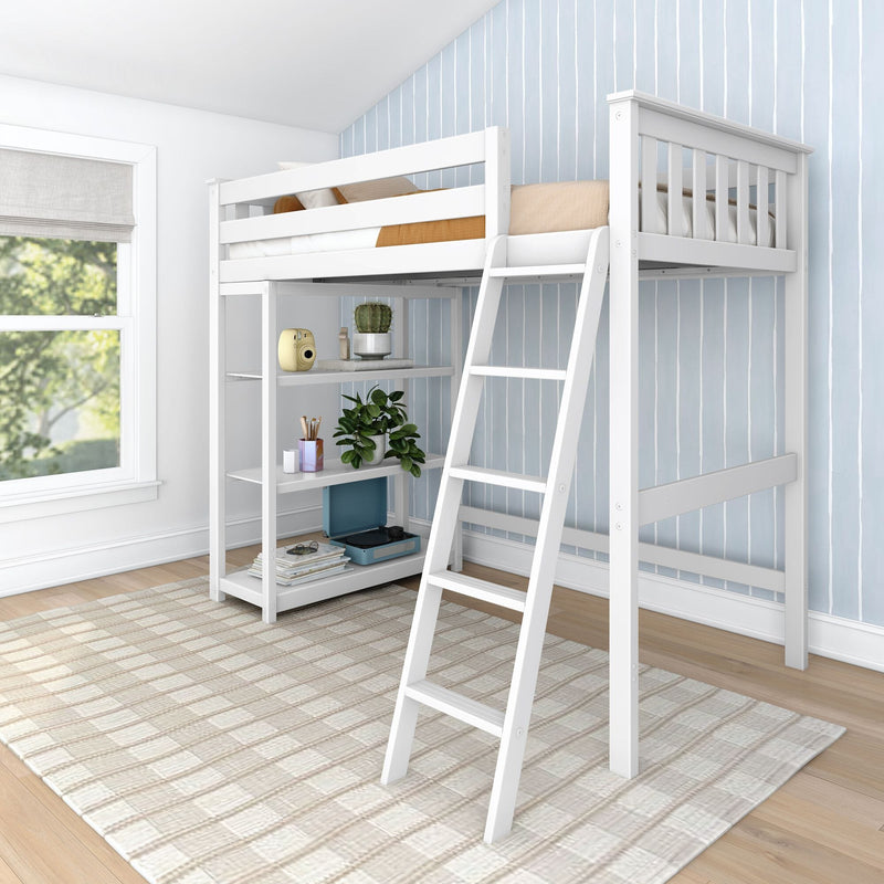 White kids loft bed with ladder and built-in storage shelves in modern bedroom, blue vertical-striped wallpaper, window light and decorative plants