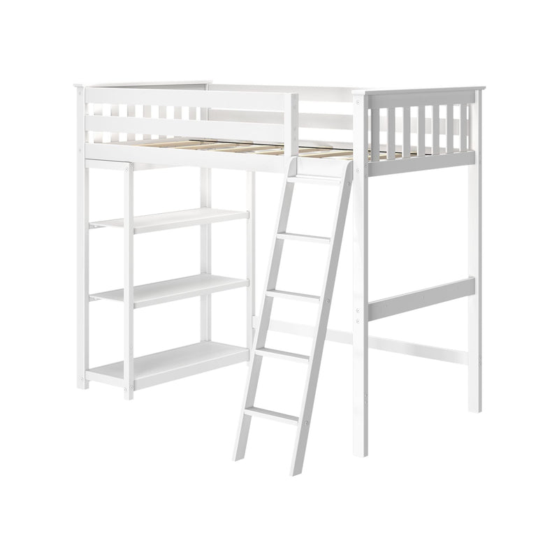 White wooden loft bed frame with ladder, safety guardrails and built-in shelves, modern space-saving kids' bedroom bed