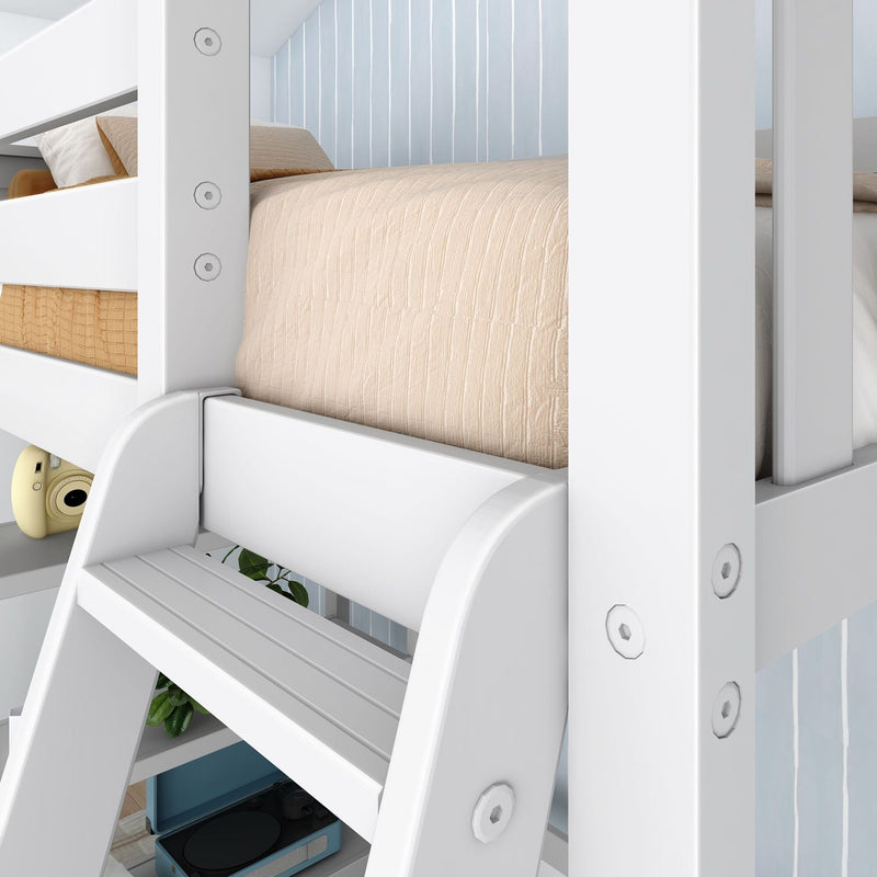 Close-up of modern white wooden bunk bed ladder and guardrail with beige quilted bedding, blue striped accent wall and teal record player on lower shelf — kids bedroom furniture