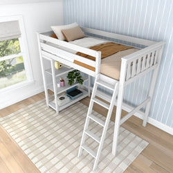 White loft bed with integrated shelves and ladder in a cozy kids' bedroom with blue striped wallpaper and plaid rug.