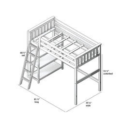 Loft bed design with ladder and dimensions, including height, width, and length, ideal for maximizing space in small rooms.