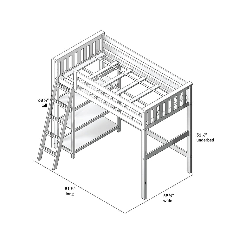 Wooden loft bed frame with ladder and guardrails, slatted mattress support and underbed storage, assembly diagram with dimensions 81½″ long × 59½″ wide × 68½″ tall