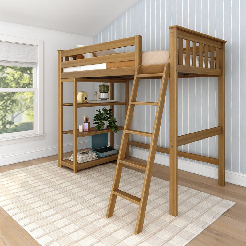 Wooden loft bed with built-in desk and ladder in a cozy bedroom with striped wallpaper.