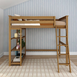 Loft bed with ladder and storage shelves in a modern bedroom with striped blue wallpaper.