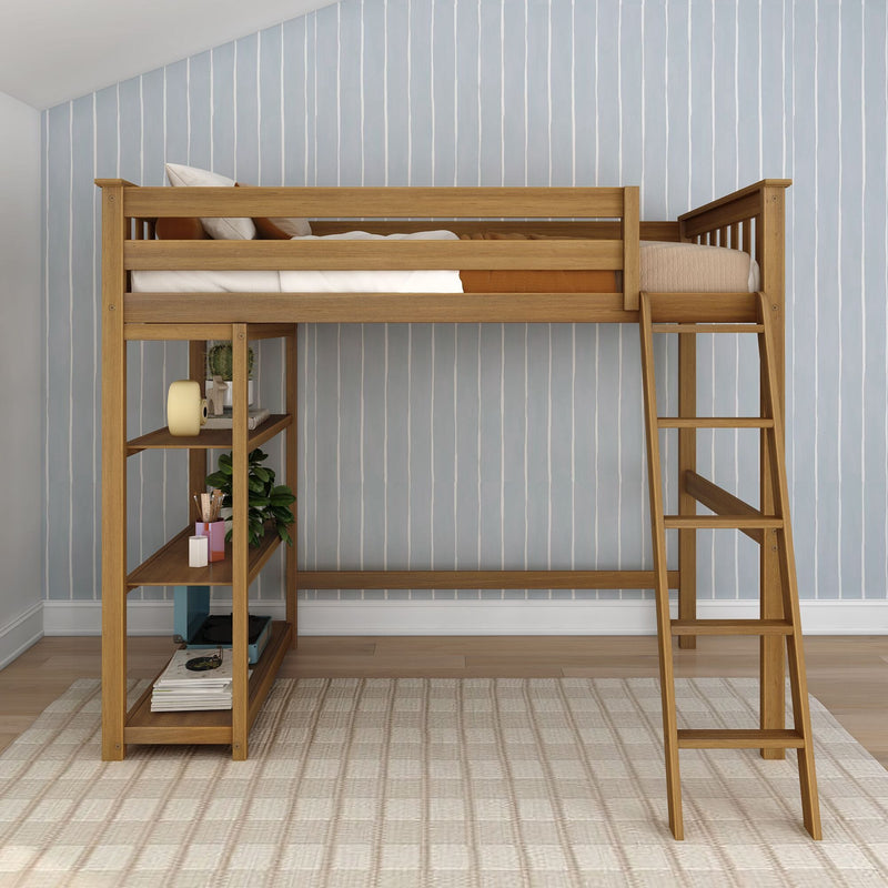 Loft bed with ladder and storage shelves in a modern bedroom with striped blue wallpaper.