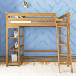 180218-007 : Loft Beds Twin-Size High Loft Bed with Bookcase, Pecan