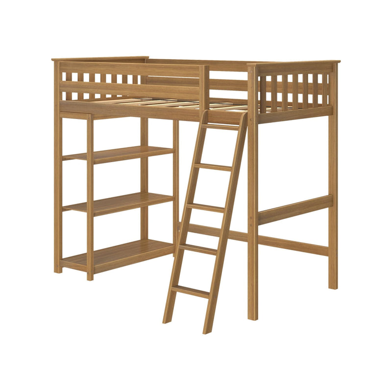 Natural oak wooden loft bed with ladder and built-in open shelves, a space-saving solid wood bed ideal for kids' bedrooms or small studios